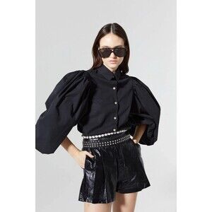 Lanhtropy Samba Cotton Poplin Button Shirt Large Black Top Bubble Puff Sleeves